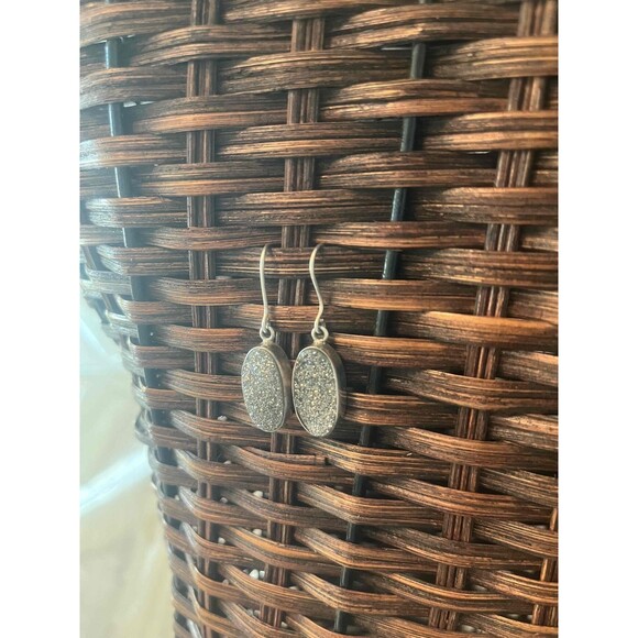 925 Silver pyrite Druzy Oval Glittery Hook Back Drop Earrings western feminine - Picture 5 of 5